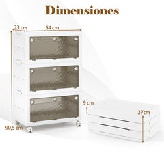 Cajonera de Almacenamiento Plásticos de 126 L de 3 Niveles Cajas Apilables Plegable con Tapa Ruedas para Dormitorio Salón Blanco