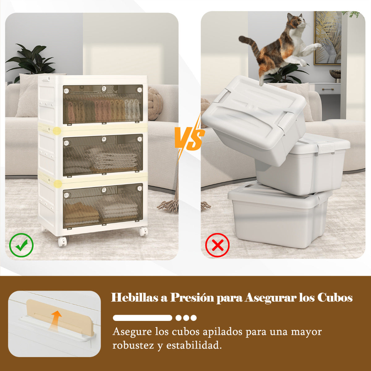 Cajonera de Almacenamiento Plásticos de 126 L de 3 Niveles Cajas Apilables Plegable con Tapa Ruedas para Dormitorio Salón Blanco