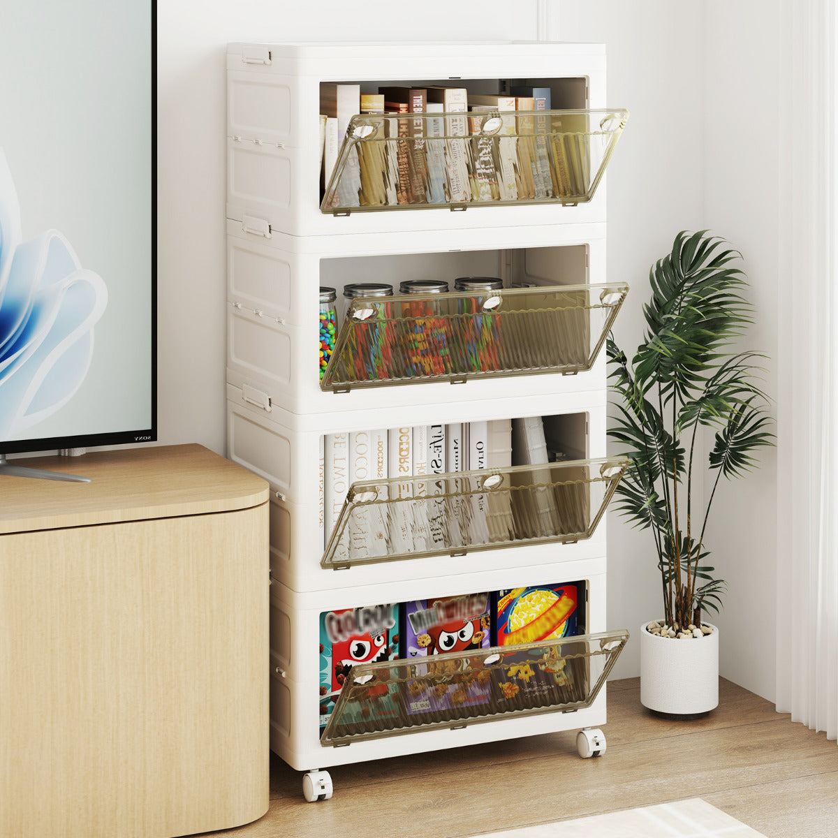 Cajonera de Almacenamiento Plásticos de 168 L de 4 Niveles Cajas Apilables Plegable con Tapa Ruedas para Dormitorio Salón Blanco