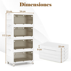 Cajonera de Almacenamiento Plásticos de 168 L de 4 Niveles Cajas Apilables Plegable con Tapa Ruedas para Dormitorio Salón Blanco