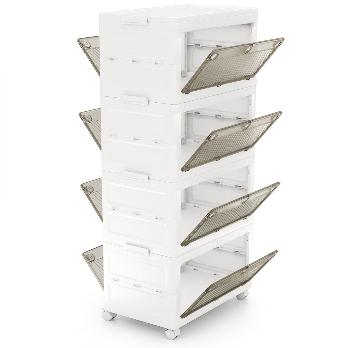 Cajonera de Almacenamiento Plásticos de 168 L de 4 Niveles Cajas Apilables Plegable con Tapa Ruedas para Dormitorio Salón Blanco