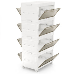 Cajonera de Almacenamiento Plásticos de 168 L de 4 Niveles Cajas Apilables Plegable con Tapa Ruedas para Dormitorio Salón Blanco