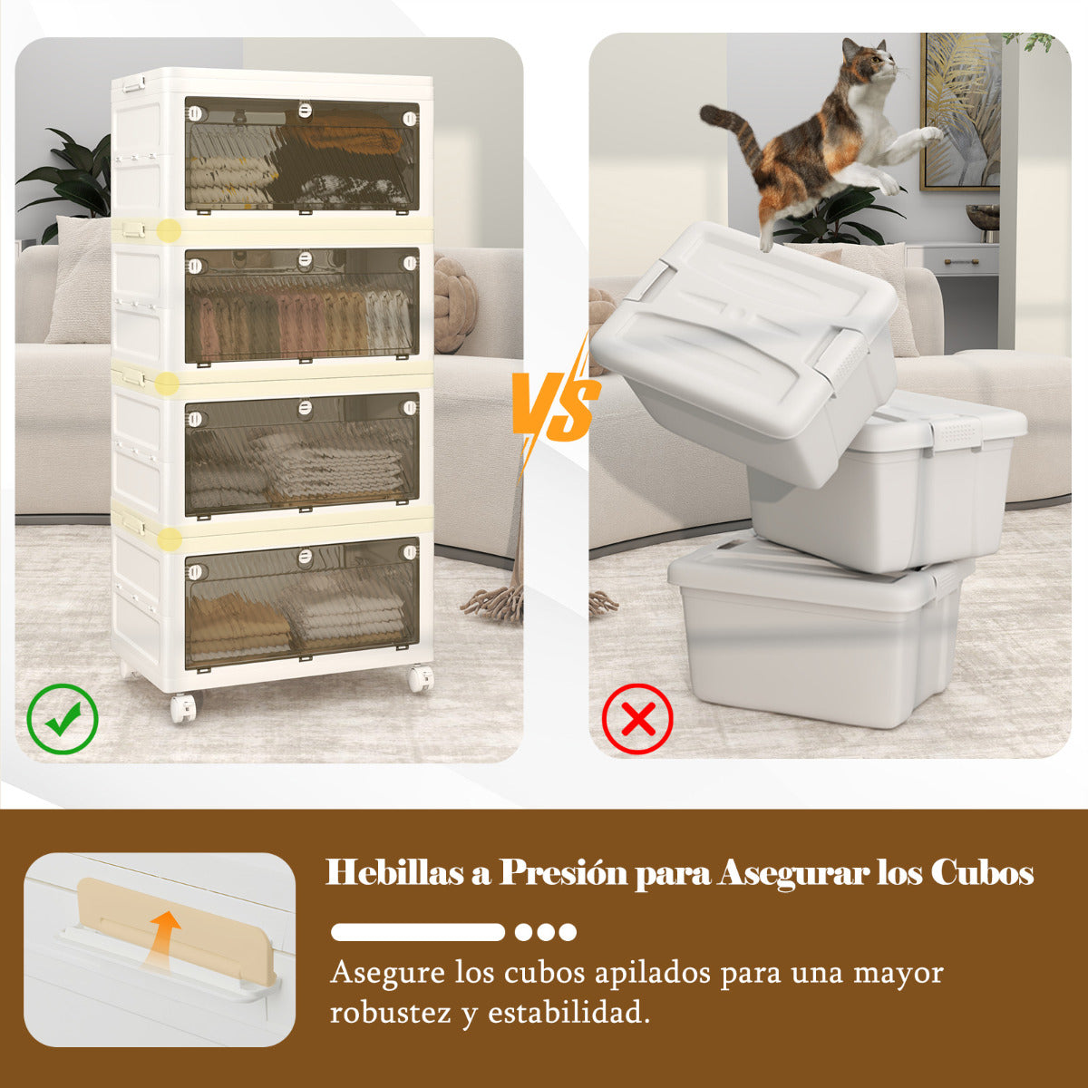 Cajonera de Almacenamiento Plásticos de 168 L de 4 Niveles Cajas Apilables Plegable con Tapa Ruedas para Dormitorio Salón Blanco