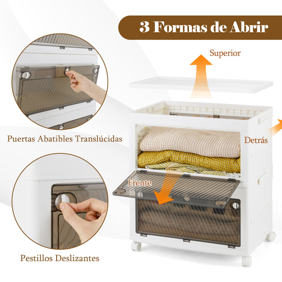 Cajonera de Almacenamiento Plásticos de 168 L de 4 Niveles Cajas Apilables Plegable con Tapa Ruedas para Dormitorio Salón Blanco