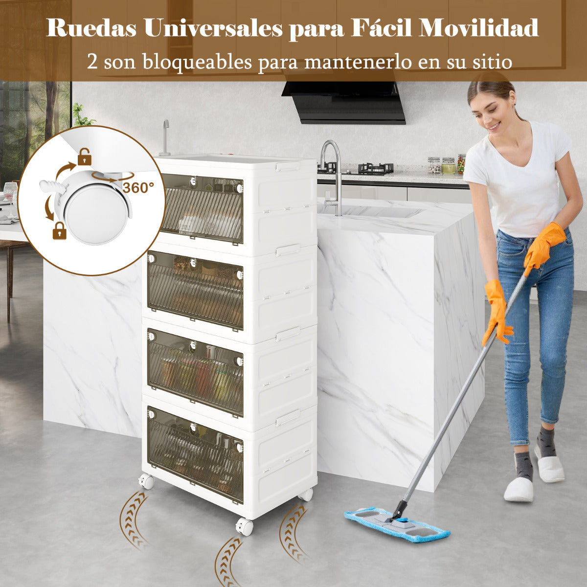 Cajonera de Almacenamiento Plásticos de 168 L de 4 Niveles Cajas Apilables Plegable con Tapa Ruedas para Dormitorio Salón Blanco