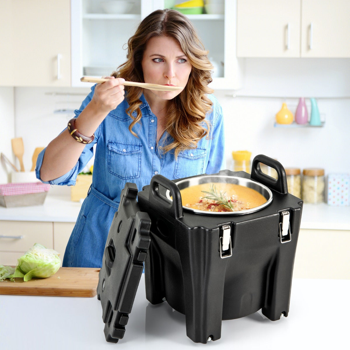 Calentador de Alimentos Portátil Apilable de 30 L con Barril de Acero Inoxidable 2 Asas 4 Ruedas Calentador de Sopa para Camping Negro