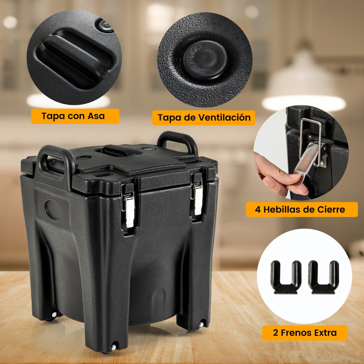 Calentador de Alimentos Portátil Apilable de 30 L con Barril de Acero Inoxidable 2 Asas 4 Ruedas Calentador de Sopa para Camping Negro