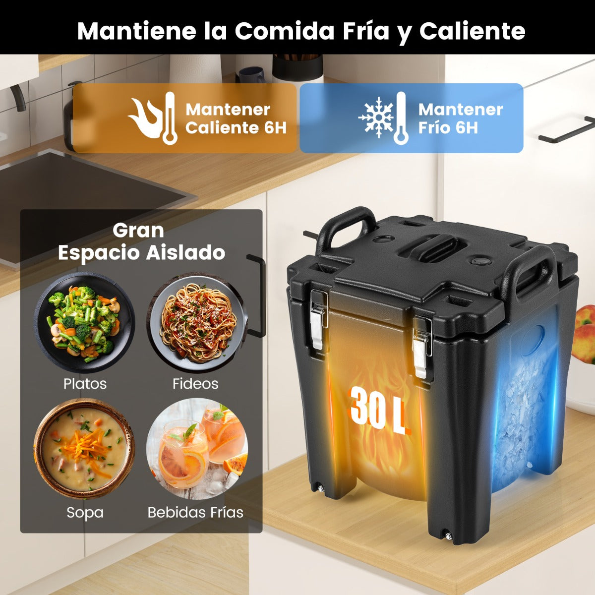 Calentador de Alimentos Portátil Apilable de 30 L con Barril de Acero Inoxidable 2 Asas 4 Ruedas Calentador de Sopa para Camping Negro