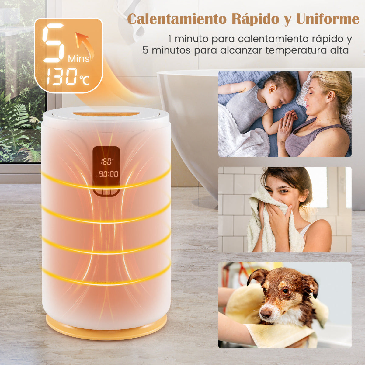 Calentador de Toallas para Baño Calentador de Mantas de 20L con Luz LED Temporizador Bloqueo Infantil Cubo Portátil 114 x 178 cm Blanco