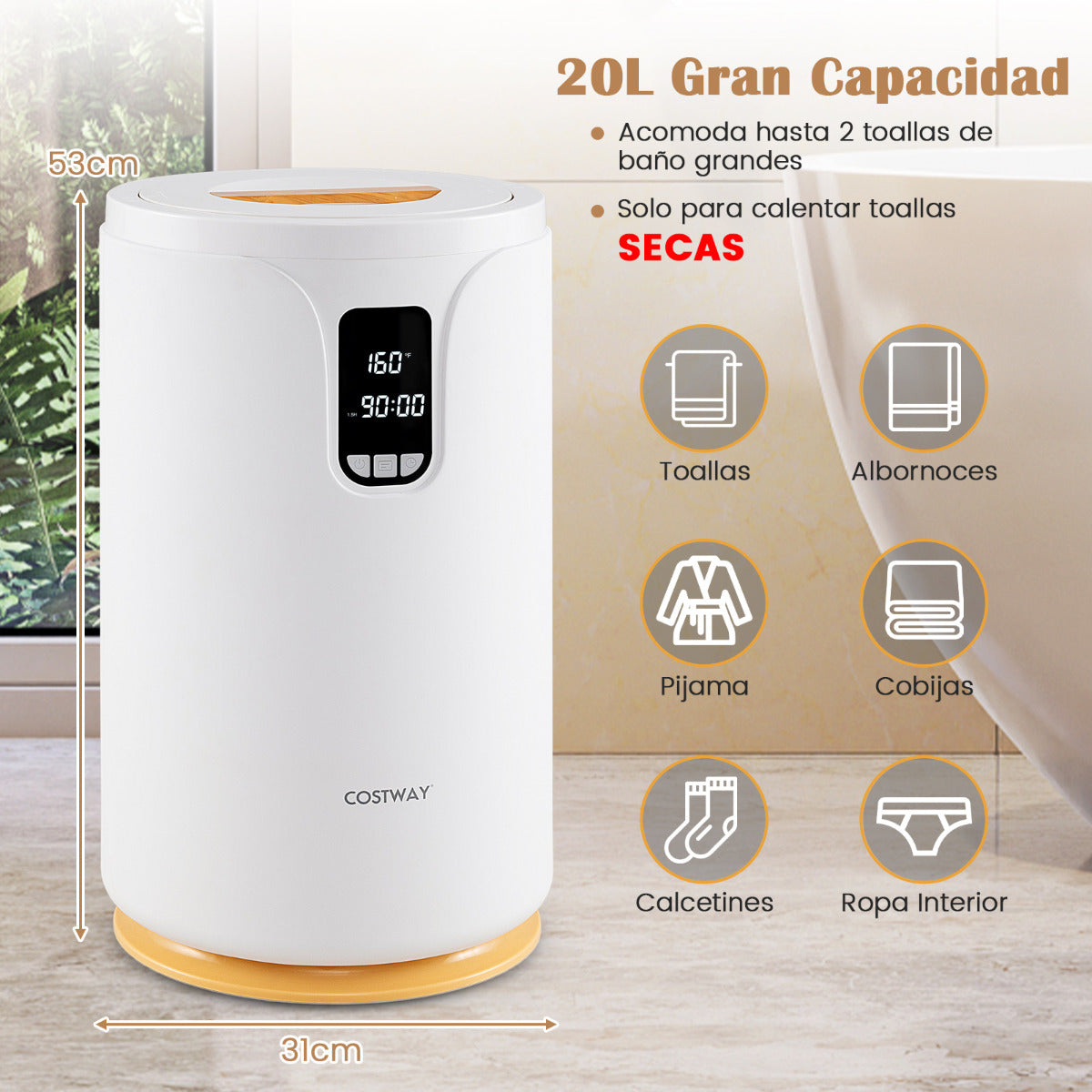 Calentador de Toallas para Baño Calentador de Mantas de 20L con Luz LED Temporizador Bloqueo Infantil Cubo Portátil 114 x 178 cm Blanco