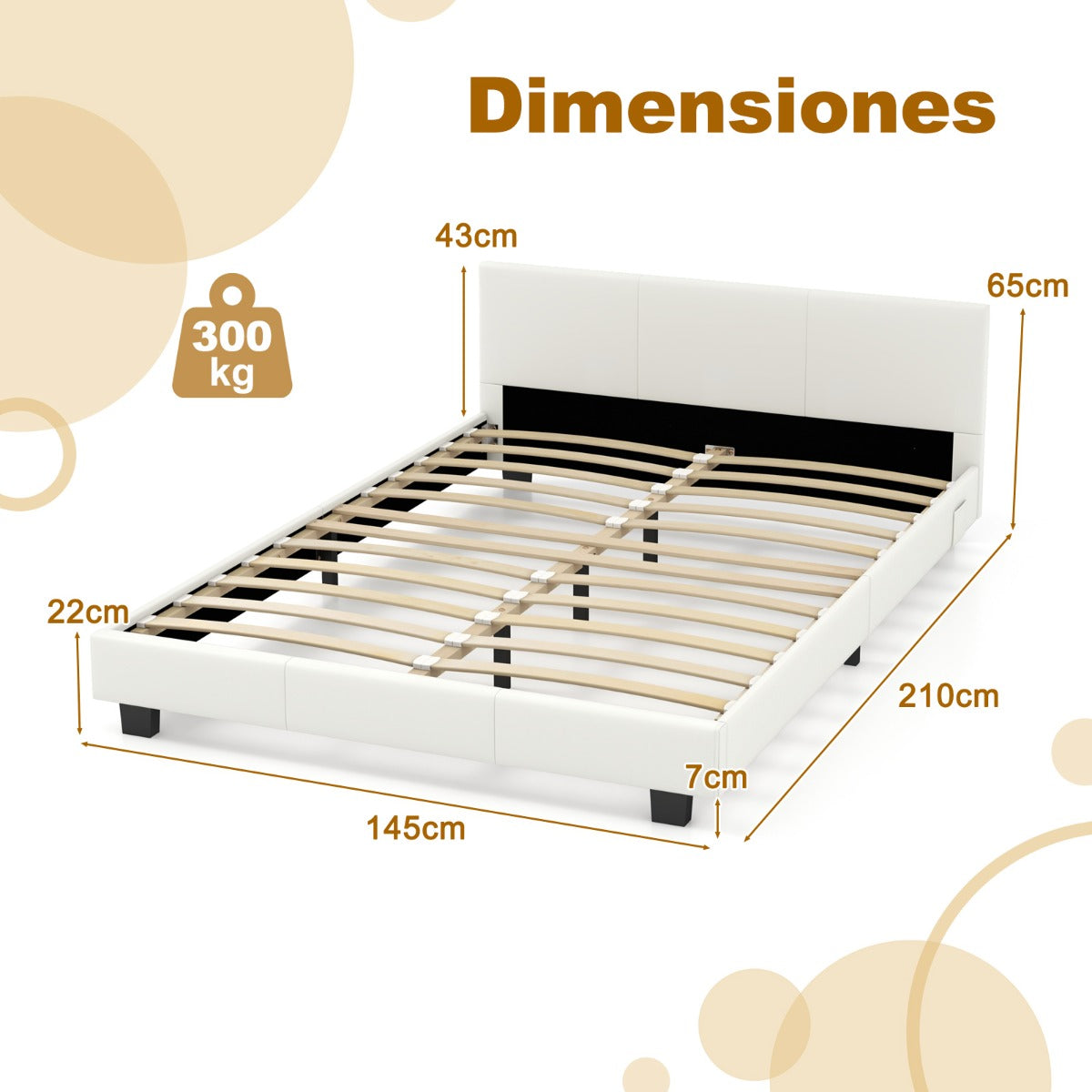 Estructura de Cama Doble con Cabecero y Pie Cama de Plataforma Tapizada con Luz LED y Mando de Cuero Sintético Listones de Madera Blanco