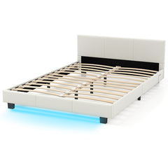 Estructura de Cama Doble con Cabecero y Pie Cama de Plataforma Tapizada con Luz LED y Mando de Cuero Sintético Listones de Madera Blanco