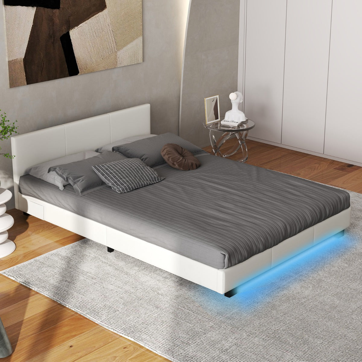 Estructura de Cama Doble con Cabecero y Pie Cama de Plataforma Tapizada con Luz LED y Mando de Cuero Sintético Listones de Madera Blanco