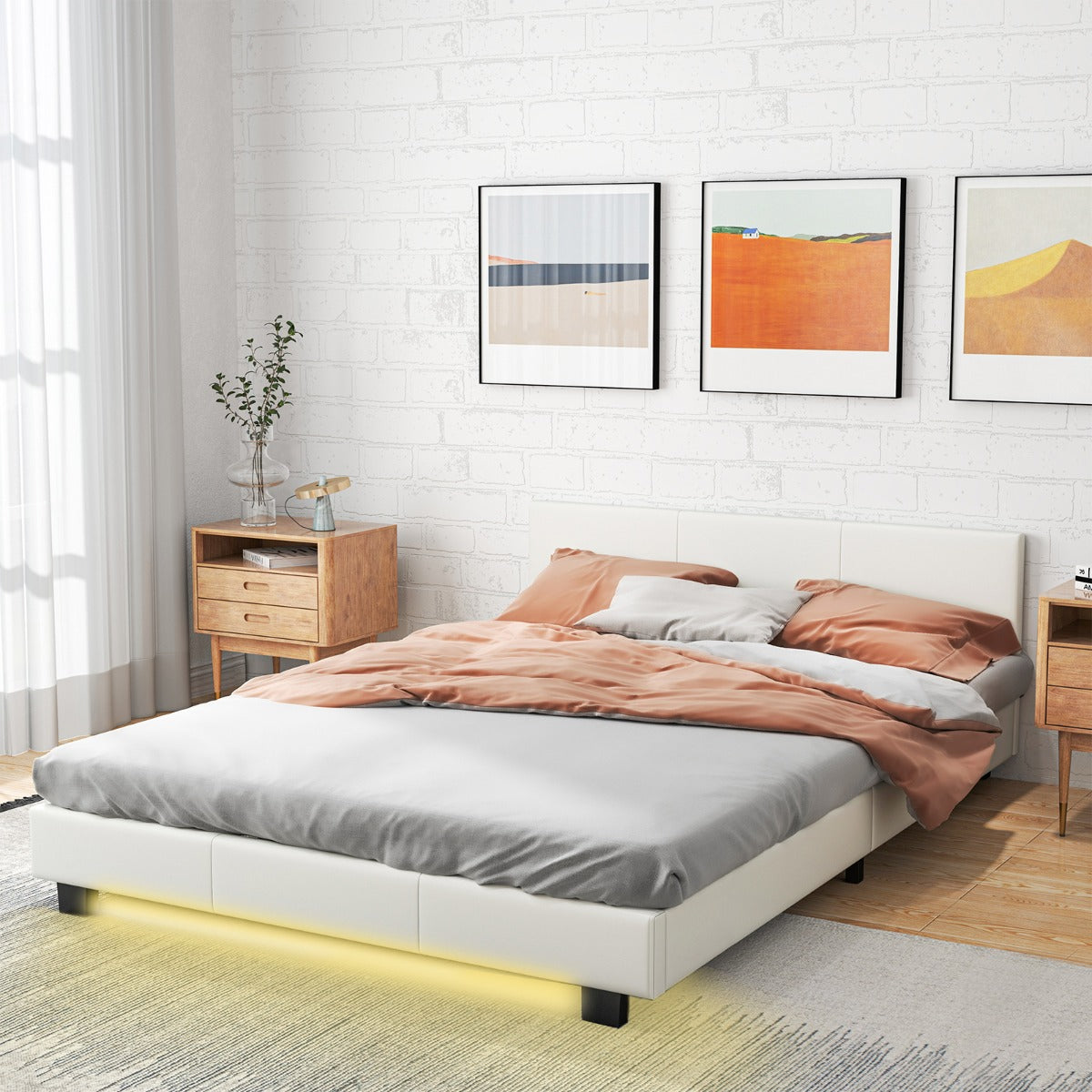 Estructura de Cama Doble con Cabecero y Pie Cama de Plataforma Tapizada con Luz LED y Mando de Cuero Sintético Listones de Madera Blanco