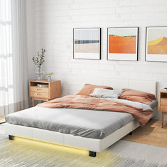 Estructura de Cama Doble con Cabecero y Pie Cama de Plataforma Tapizada con Luz LED y Mando de Cuero Sintético Listones de Madera Blanco