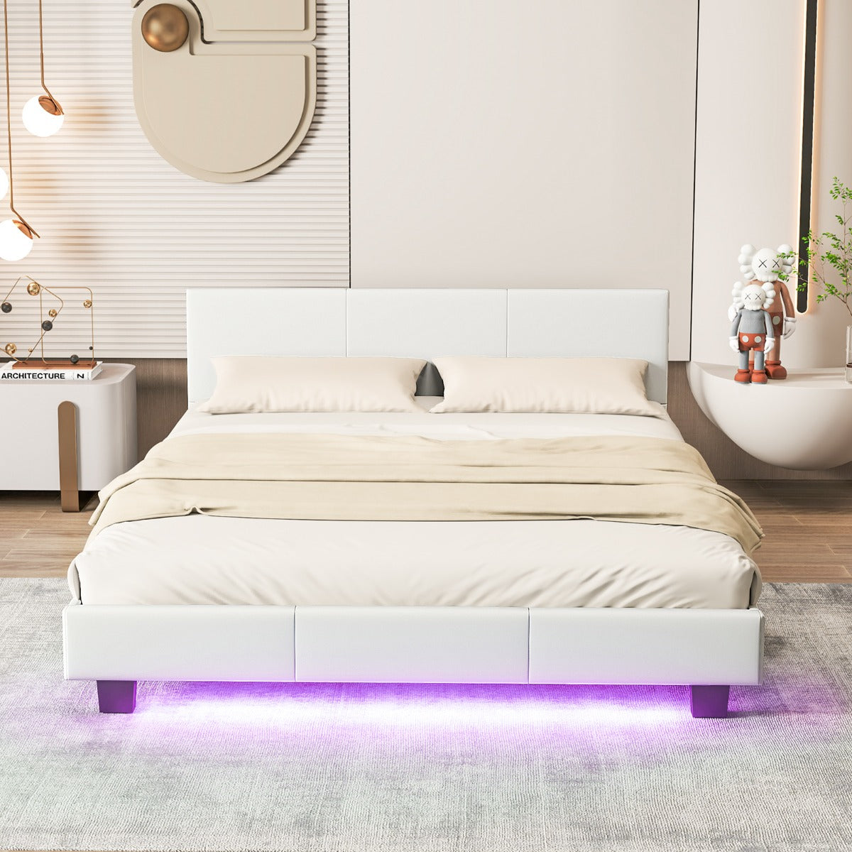 Estructura de Cama Doble con Cabecero y Pie Cama de Plataforma Tapizada con Luz LED y Mando de Cuero Sintético Listones de Madera Blanco