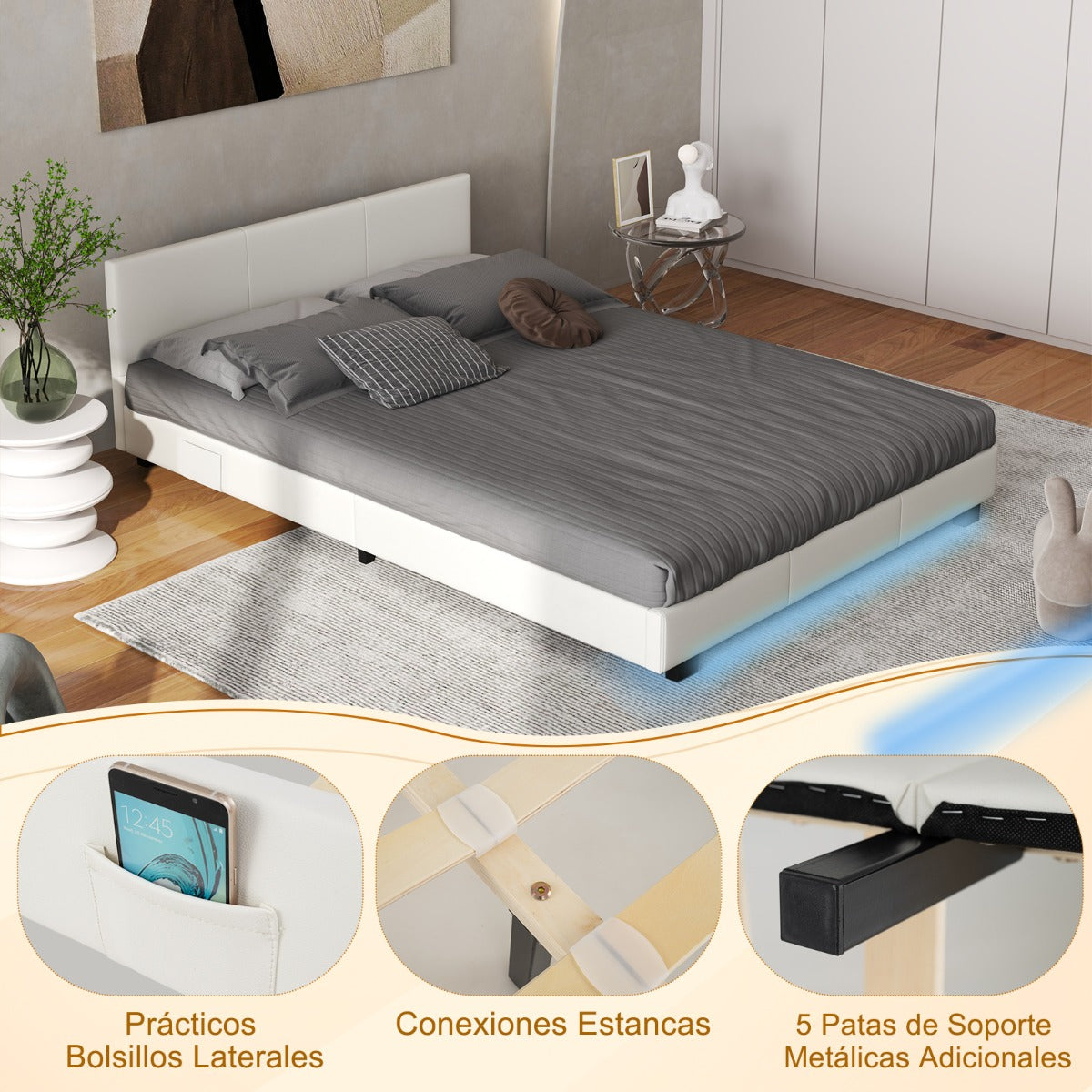 Estructura de Cama Doble con Cabecero y Pie Cama de Plataforma Tapizada con Luz LED y Mando de Cuero Sintético Listones de Madera Blanco