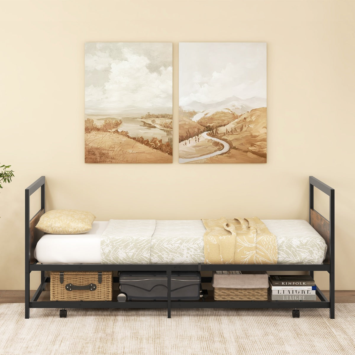 Cama Individual de Metal Cama Auxiliar Estructura de Cama con Cabecera y Pie Patas Plegables Soporte de Listones de Metal 90 x 200 CM Marrón
