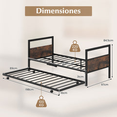 Cama Individual de Metal Cama Auxiliar Estructura de Cama con Cabecera y Pie Patas Plegables Soporte de Listones de Metal 90 x 200 CM Marrón