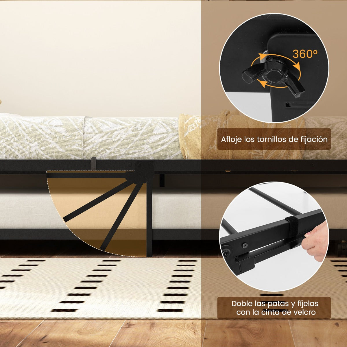 Cama Individual de Metal Cama Auxiliar Estructura de Cama con Cabecera y Pie Patas Plegables Soporte de Listones de Metal 90 x 200 CM Marrón