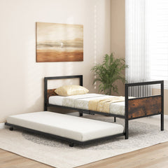 Cama Individual de Metal Cama Auxiliar Estructura de Cama con Cabecera y Pie Patas Plegables Soporte de Listones de Metal 90 x 200 CM Marrón