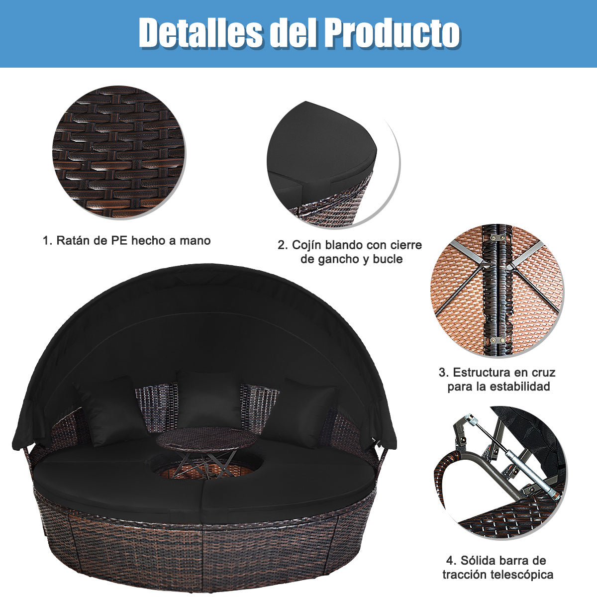 Cama de Día Redonda de Exterior con Dosel Retráctil Asientos Separados de Mimbre Ratán Cojines Mesa de Café para Jardín Patio Negro