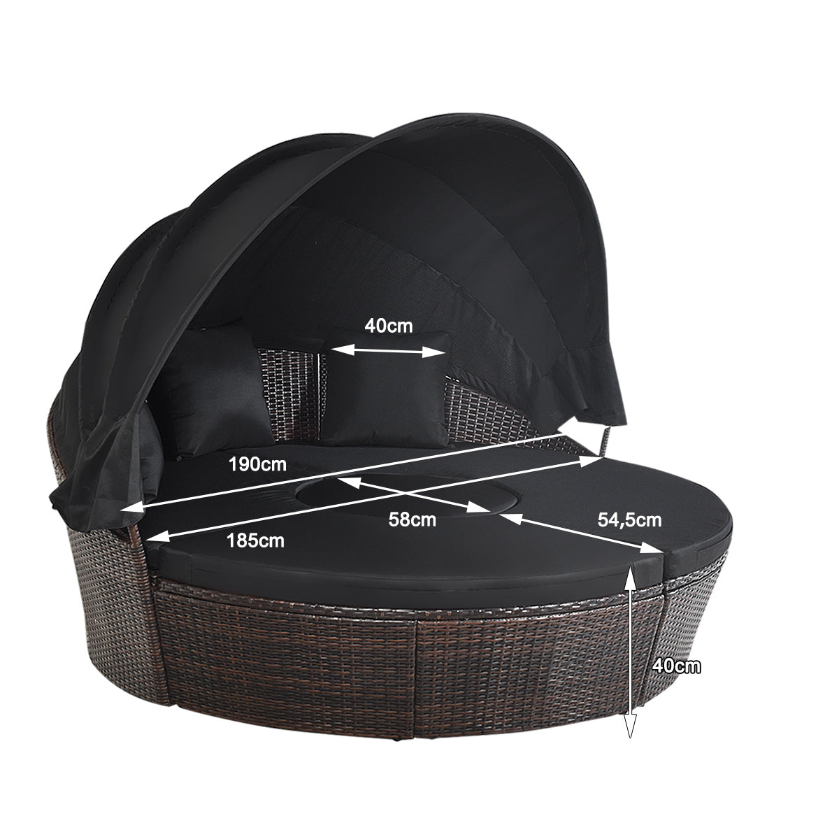 Cama de Día Redonda de Exterior con Dosel Retráctil Asientos Separados de Mimbre Ratán Cojines Mesa de Café para Jardín Patio Negro