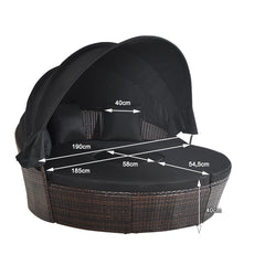 Cama de Día Redonda de Exterior con Dosel Retráctil Asientos Separados de Mimbre Ratán Cojines Mesa de Café para Jardín Patio Negro