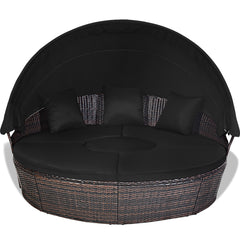 Cama de Día Redonda de Exterior con Dosel Retráctil Asientos Separados de Mimbre Ratán Cojines Mesa de Café para Jardín Patio Negro
