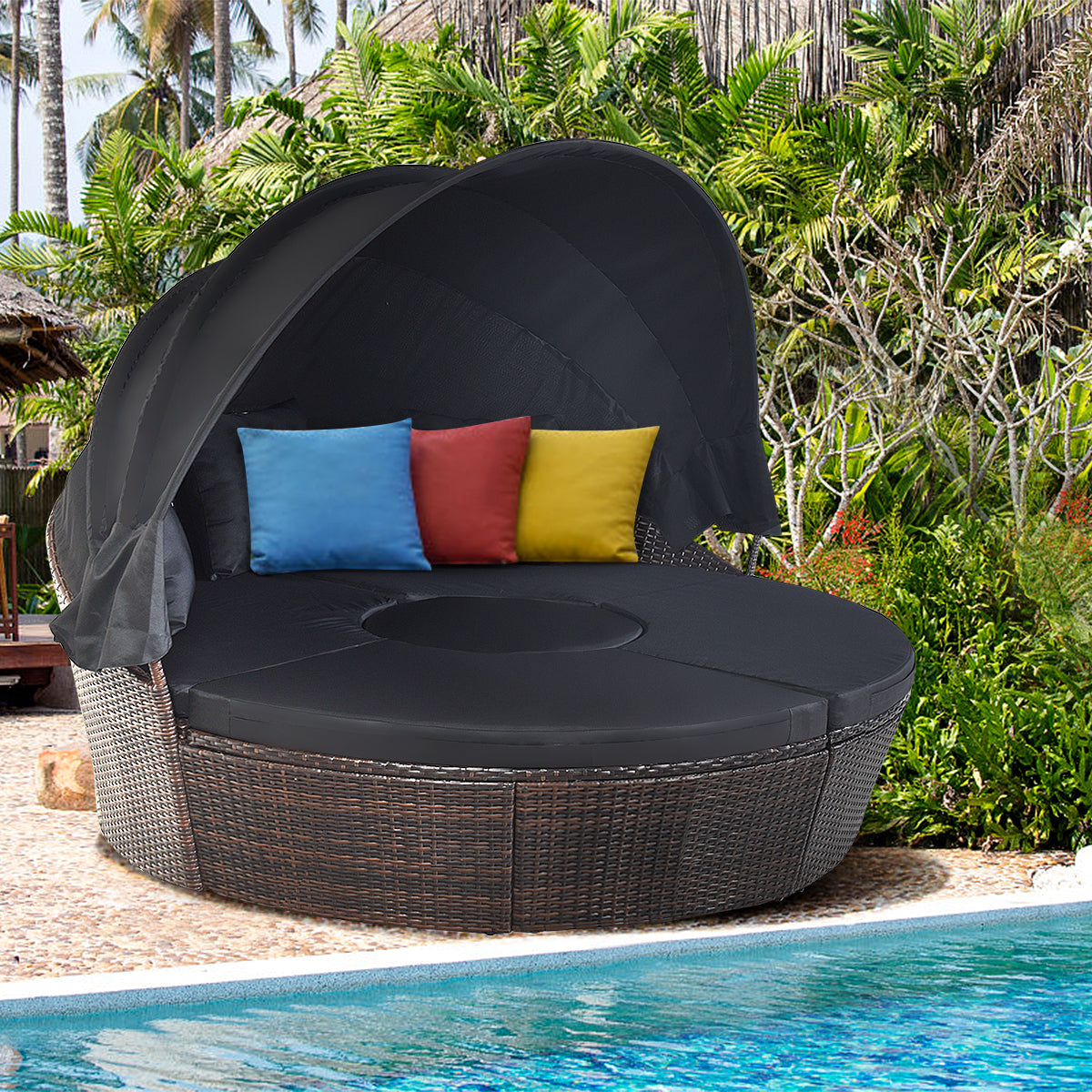 Cama de Día Redonda de Exterior con Dosel Retráctil Asientos Separados de Mimbre Ratán Cojines Mesa de Café para Jardín Patio Negro