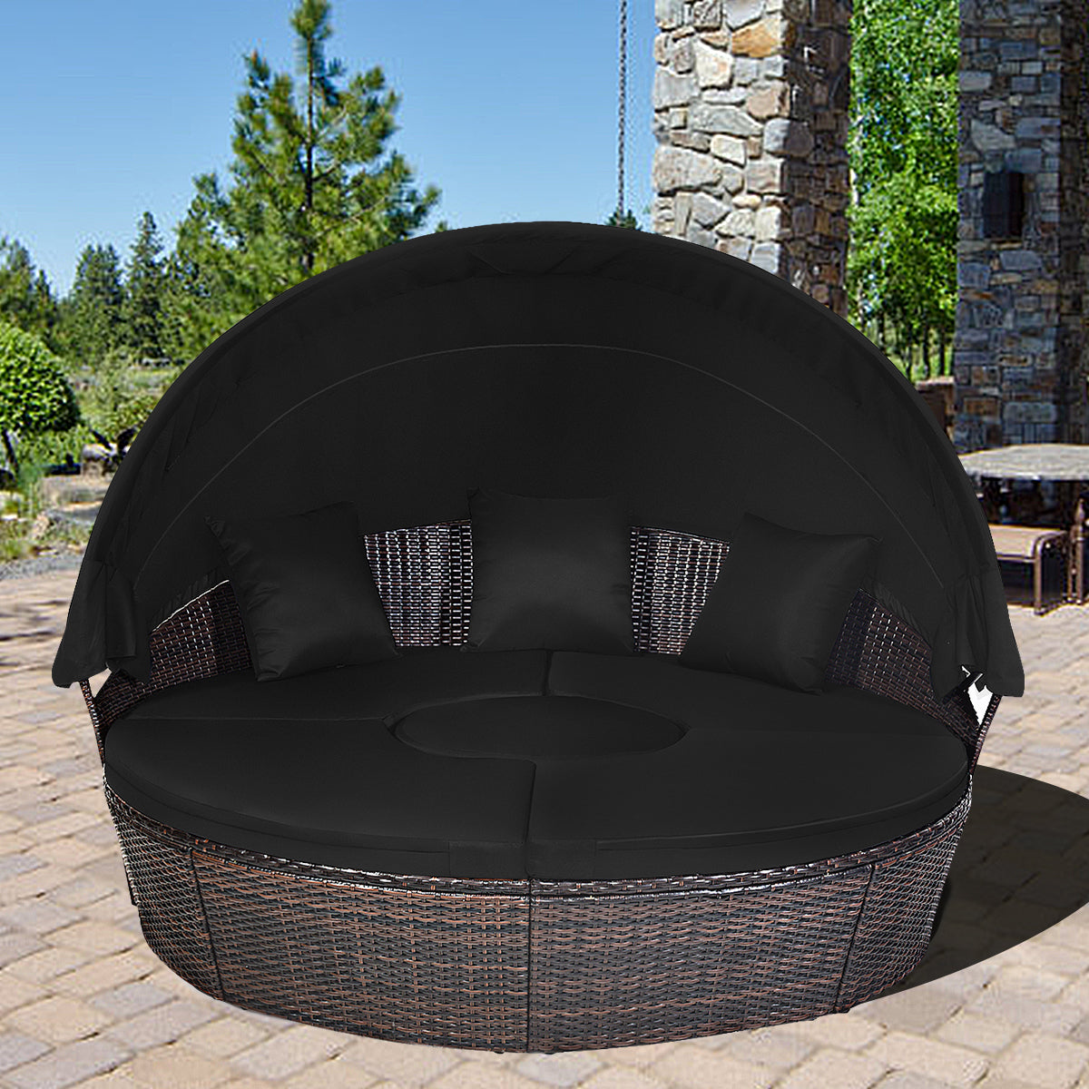 Cama de Día Redonda de Exterior con Dosel Retráctil Asientos Separados de Mimbre Ratán Cojines Mesa de Café para Jardín Patio Negro