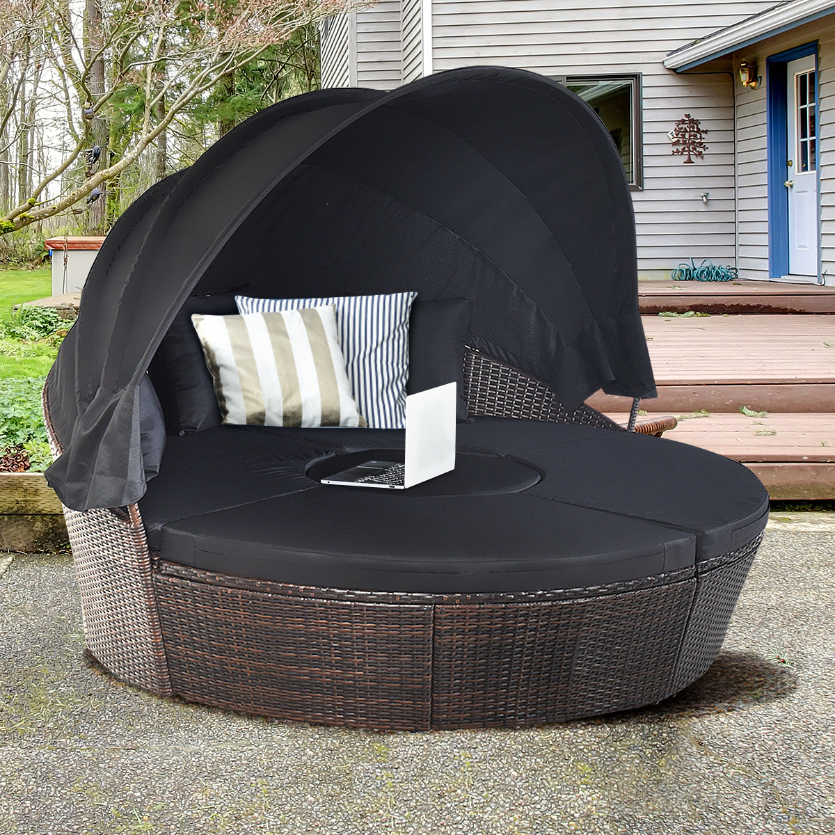 Cama de Día Redonda de Exterior con Dosel Retráctil Asientos Separados de Mimbre Ratán Cojines Mesa de Café para Jardín Patio Negro