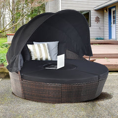 Cama de Día Redonda de Exterior con Dosel Retráctil Asientos Separados de Mimbre Ratán Cojines Mesa de Café para Jardín Patio Negro