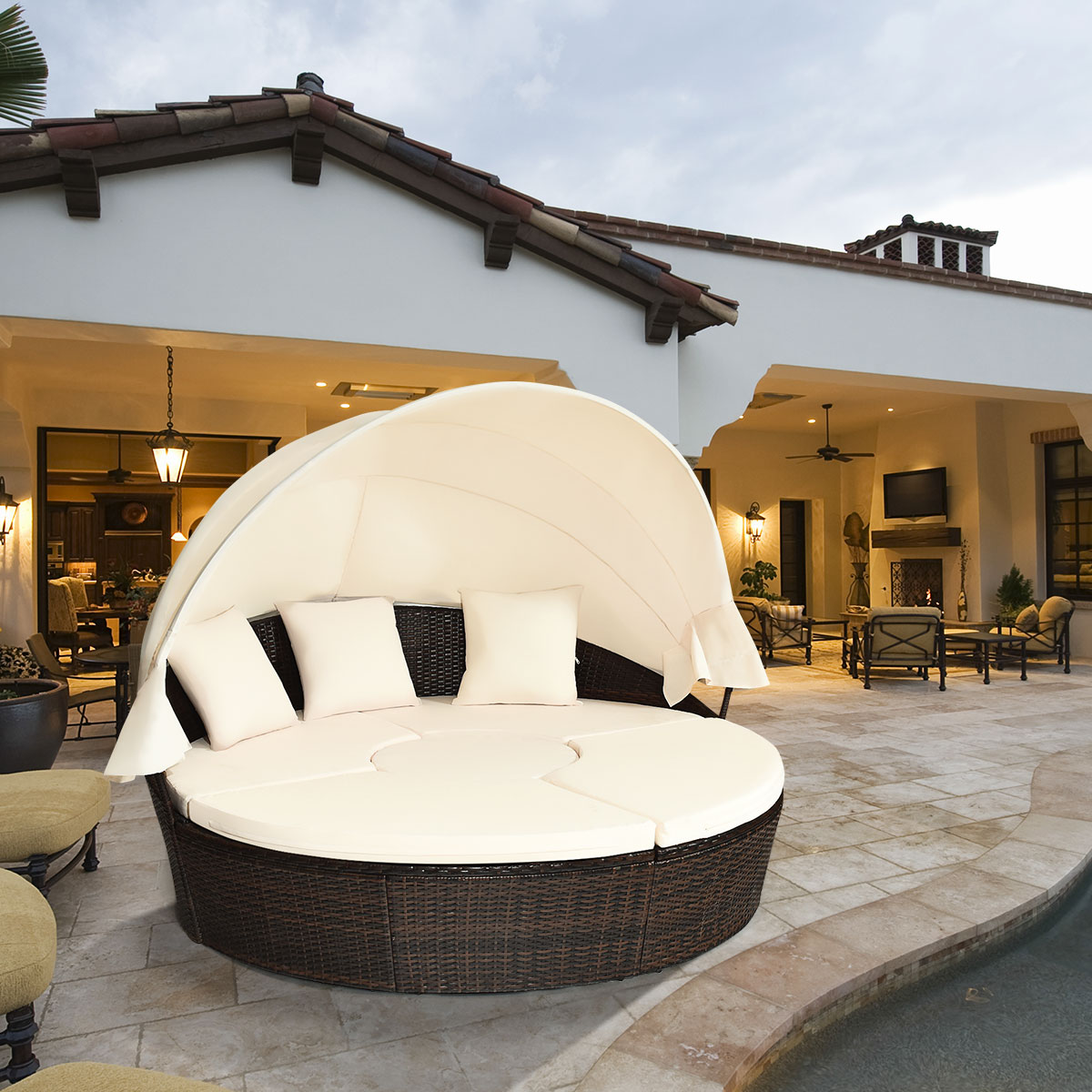 Cama de Día Redonda de Exterior con Dosel Retráctil Asientos Separados de Mimbre Ratán Cojines Mesa de Café para Jardín Patio Porche Piscina