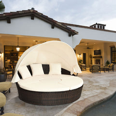 Cama de Día Redonda de Exterior con Dosel Retráctil Asientos Separados de Mimbre Ratán Cojines Mesa de Café para Jardín Patio Porche Piscina