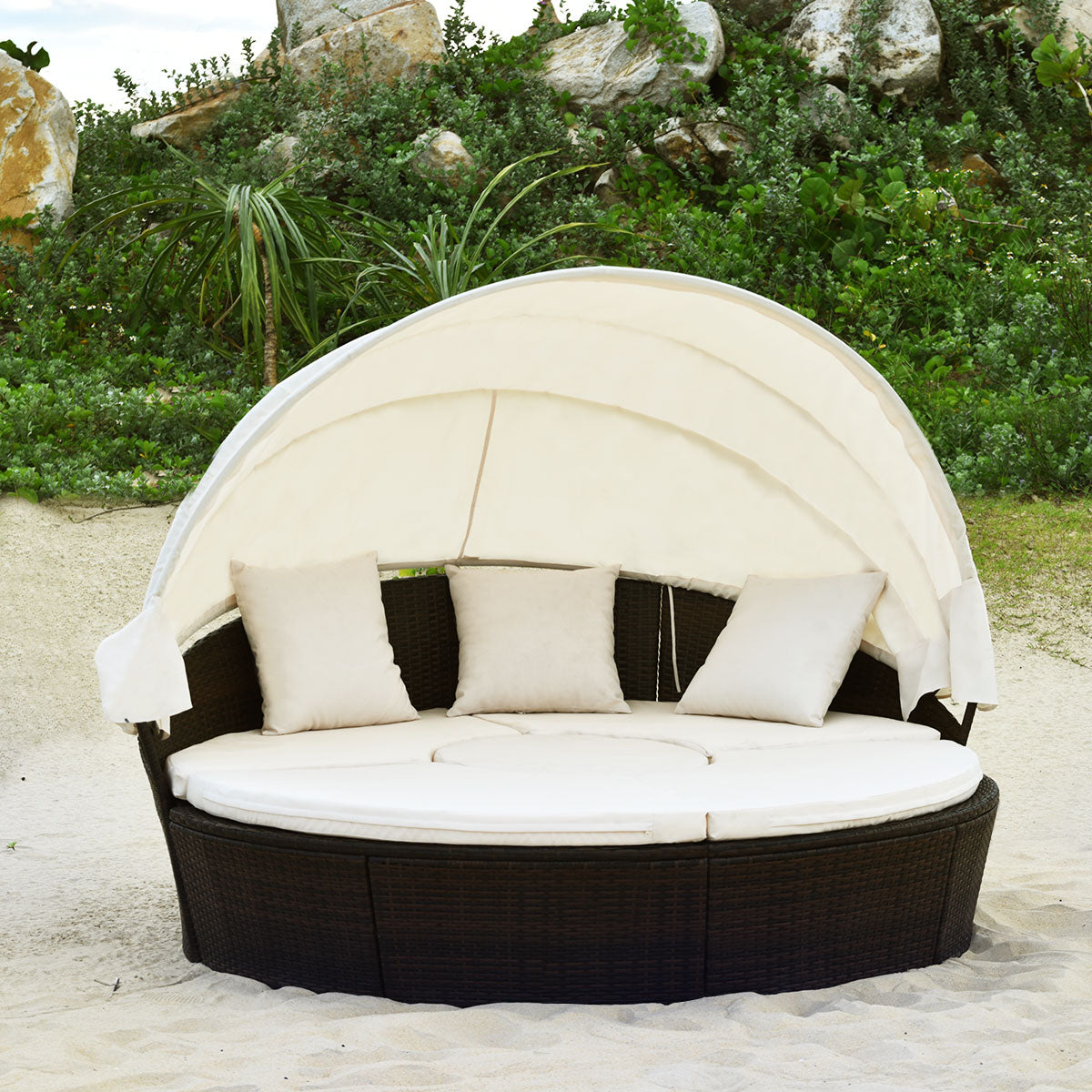 Cama de Día Redonda de Exterior con Dosel Retráctil Asientos Separados de Mimbre Ratán Cojines Mesa de Café para Jardín Patio Porche Piscina