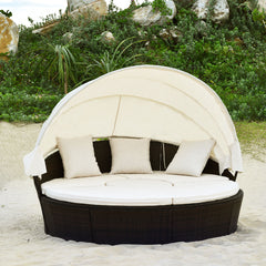 Cama de Día Redonda de Exterior con Dosel Retráctil Asientos Separados de Mimbre Ratán Cojines Mesa de Café para Jardín Patio Porche Piscina