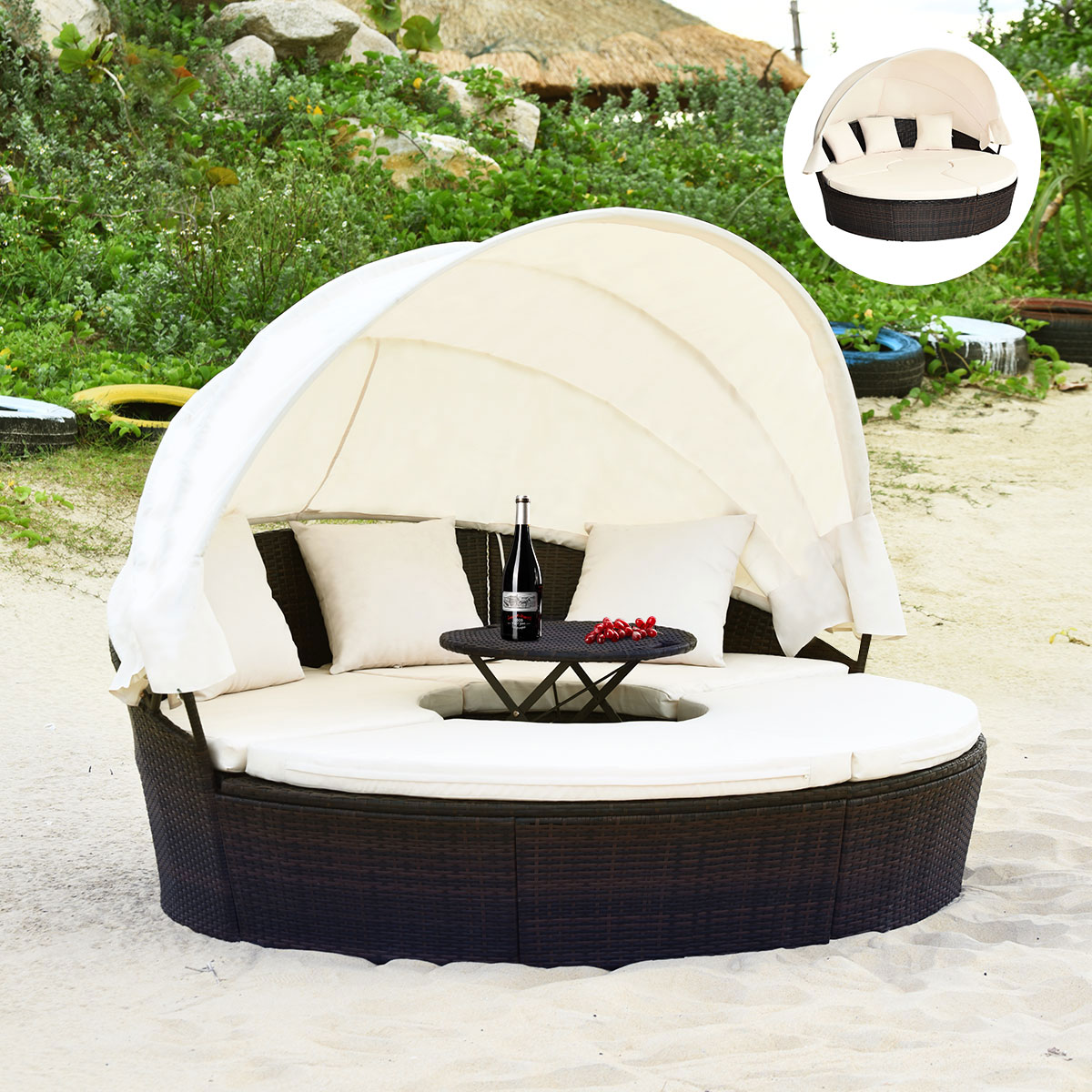 Cama de Día Redonda de Exterior con Dosel Retráctil Asientos Separados de Mimbre Ratán Cojines Mesa de Café para Jardín Patio Porche Piscina