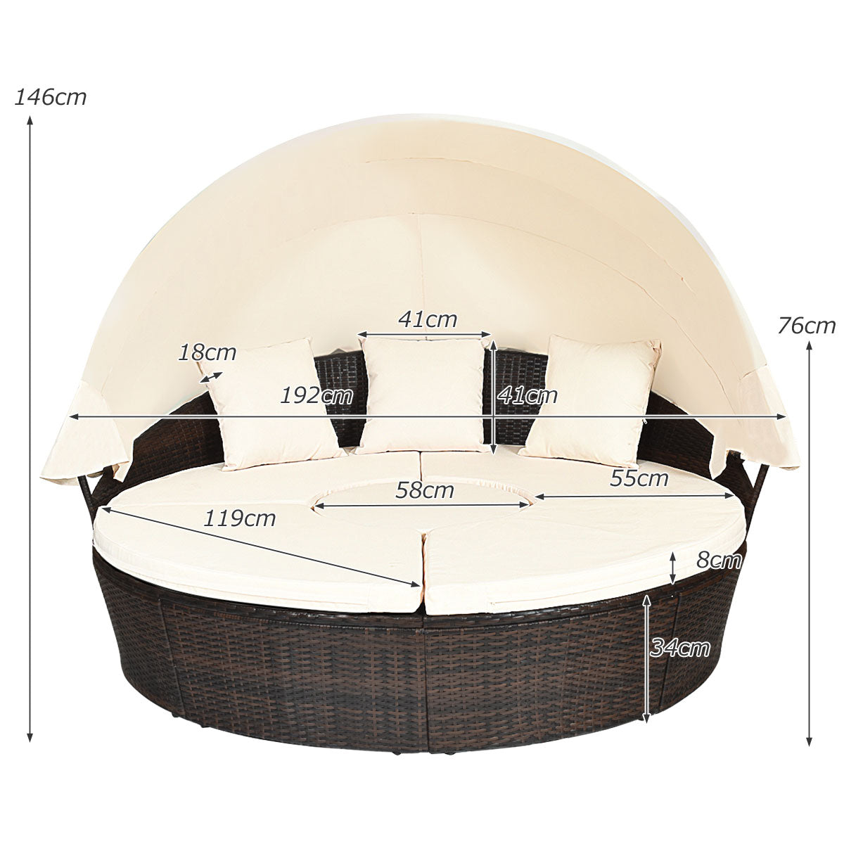 Cama de Día Redonda de Exterior con Dosel Retráctil Asientos Separados de Mimbre Ratán Cojines Mesa de Café para Jardín Patio Porche Piscina