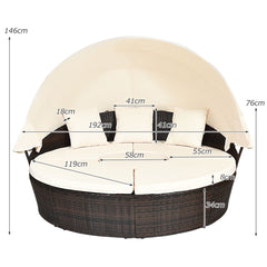 Cama de Día Redonda de Exterior con Dosel Retráctil Asientos Separados de Mimbre Ratán Cojines Mesa de Café para Jardín Patio Porche Piscina