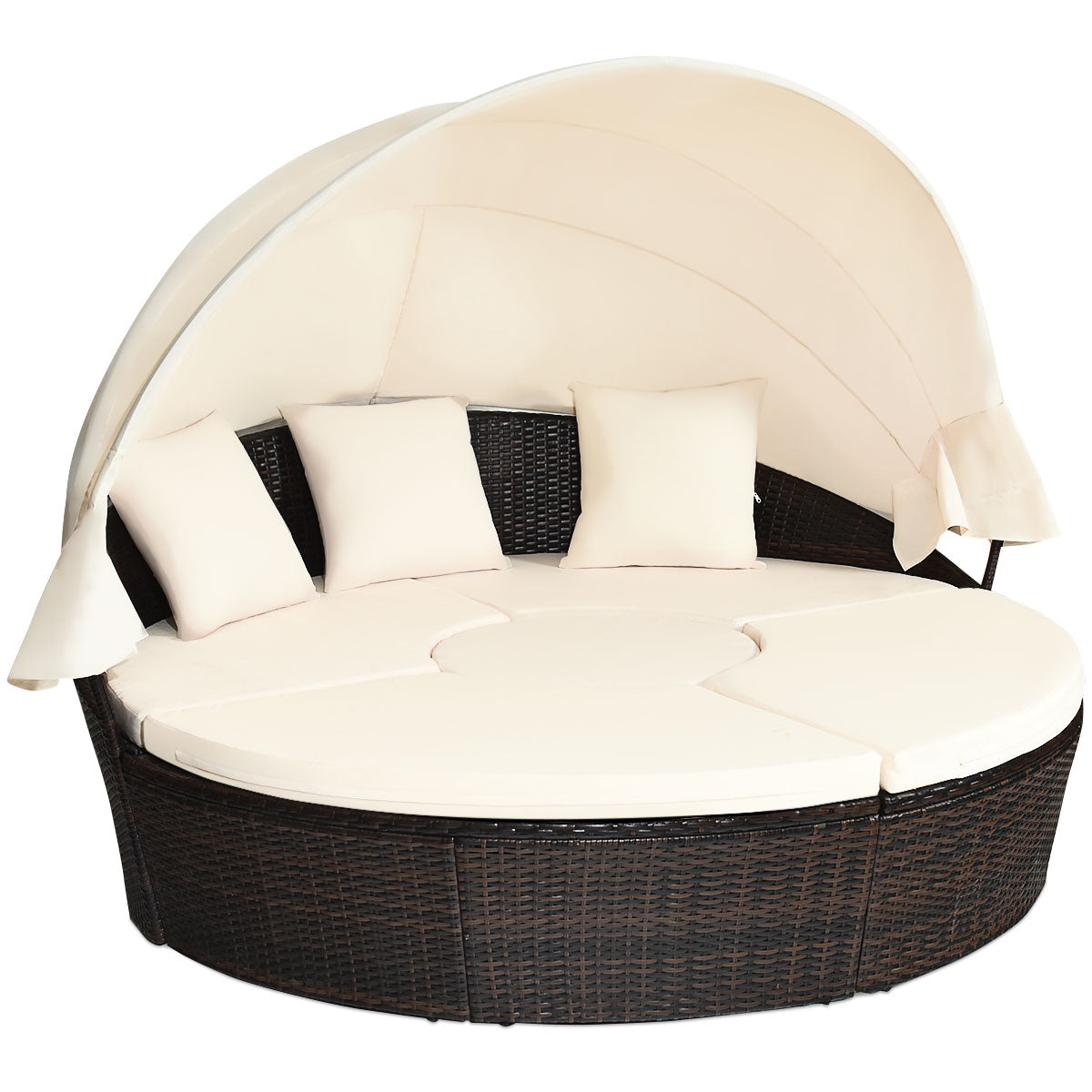 Cama de Día Redonda de Exterior con Dosel Retráctil Asientos Separados de Mimbre Ratán Cojines Mesa de Café para Jardín Patio Porche Piscina