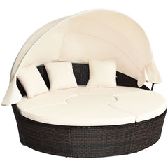 Cama de Día Redonda de Exterior con Dosel Retráctil Asientos Separados de Mimbre Ratán Cojines Mesa de Café para Jardín Patio Porche Piscina