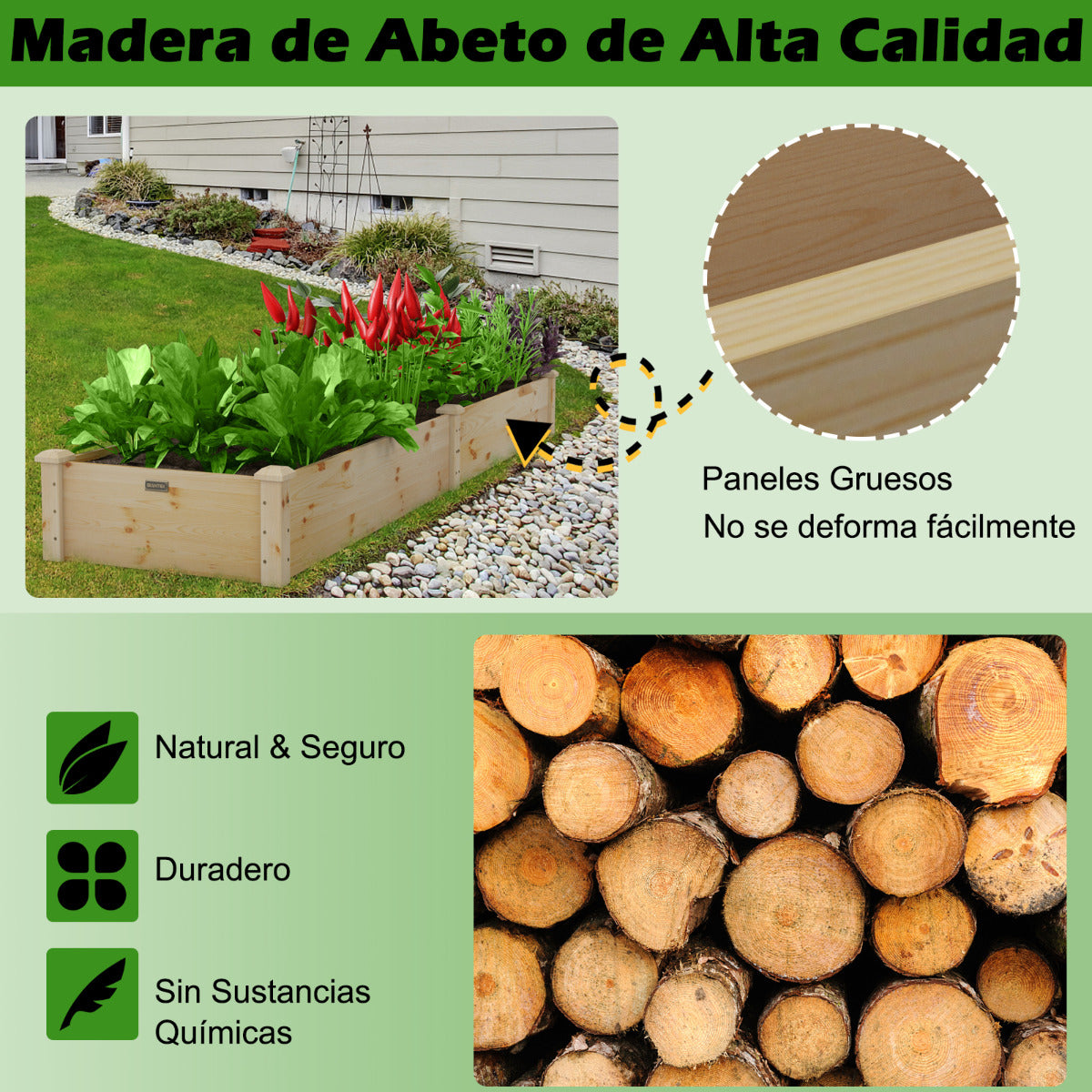 Cama de Jardín Elevada de Madera Caja de Plantas para Verduras Flores Hierbas Frutas Maceta Elevada para Patio Césped 240 x 60 x 25 cm