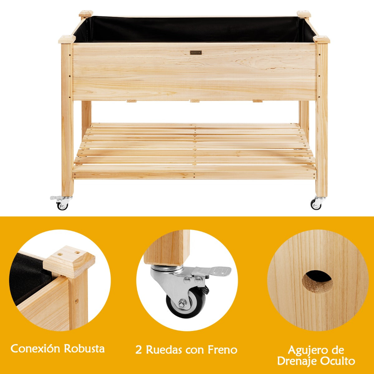 Cama de Jardín Elevada de Madera con Ruedas Bloqueables Estante y Forro Protector Caja de Cultivo para Flores Vegetales y Hierbas Natural