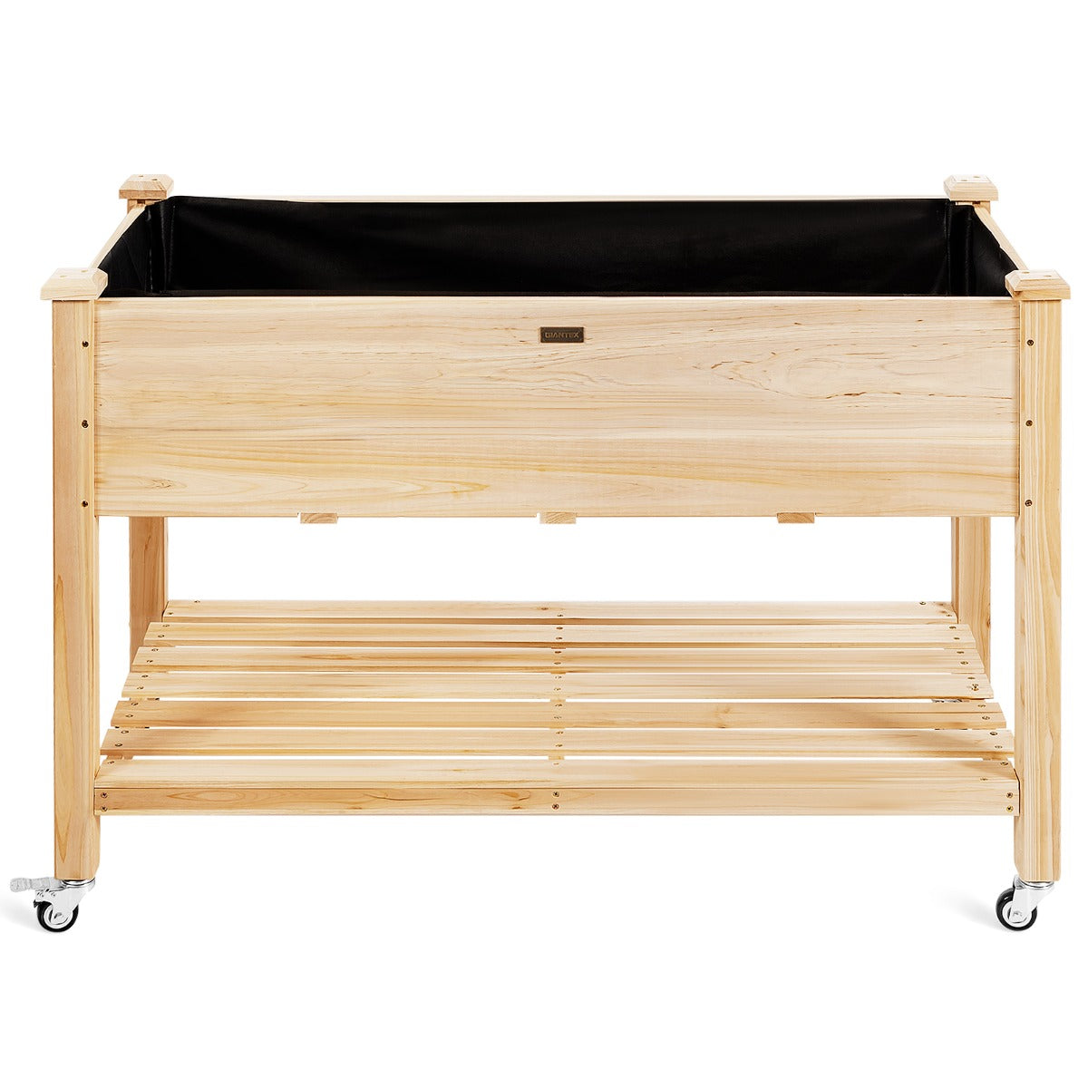 Cama de Jardín Elevada de Madera con Ruedas Bloqueables Estante y Forro Protector Caja de Cultivo para Flores Vegetales y Hierbas Natural