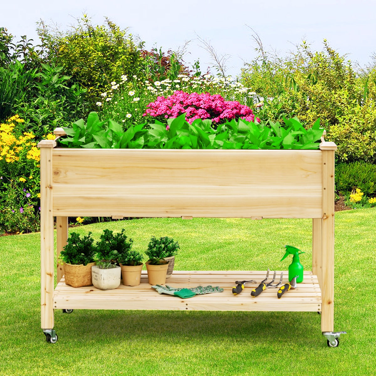 Cama de Jardín Elevada de Madera con Ruedas Bloqueables Estante y Forro Protector Caja de Cultivo para Flores Vegetales y Hierbas Natural