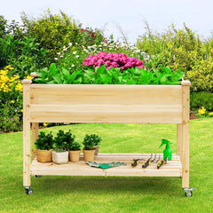 Cama de Jardín Elevada de Madera con Ruedas Bloqueables Estante y Forro Protector Caja de Cultivo para Flores Vegetales y Hierbas Natural