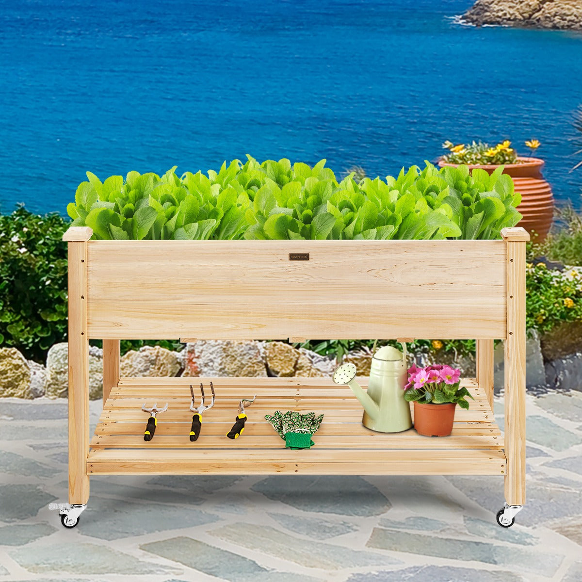 Cama de Jardín Elevada de Madera con Ruedas Bloqueables Estante y Forro Protector Caja de Cultivo para Flores Vegetales y Hierbas Natural