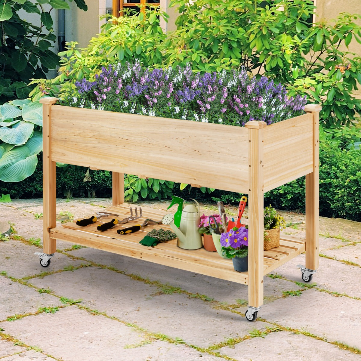 Cama de Jardín Elevada de Madera con Ruedas Bloqueables Estante y Forro Protector Caja de Cultivo para Flores Vegetales y Hierbas Natural