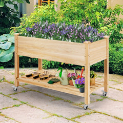 Cama de Jardín Elevada de Madera con Ruedas Bloqueables Estante y Forro Protector Caja de Cultivo para Flores Vegetales y Hierbas Natural